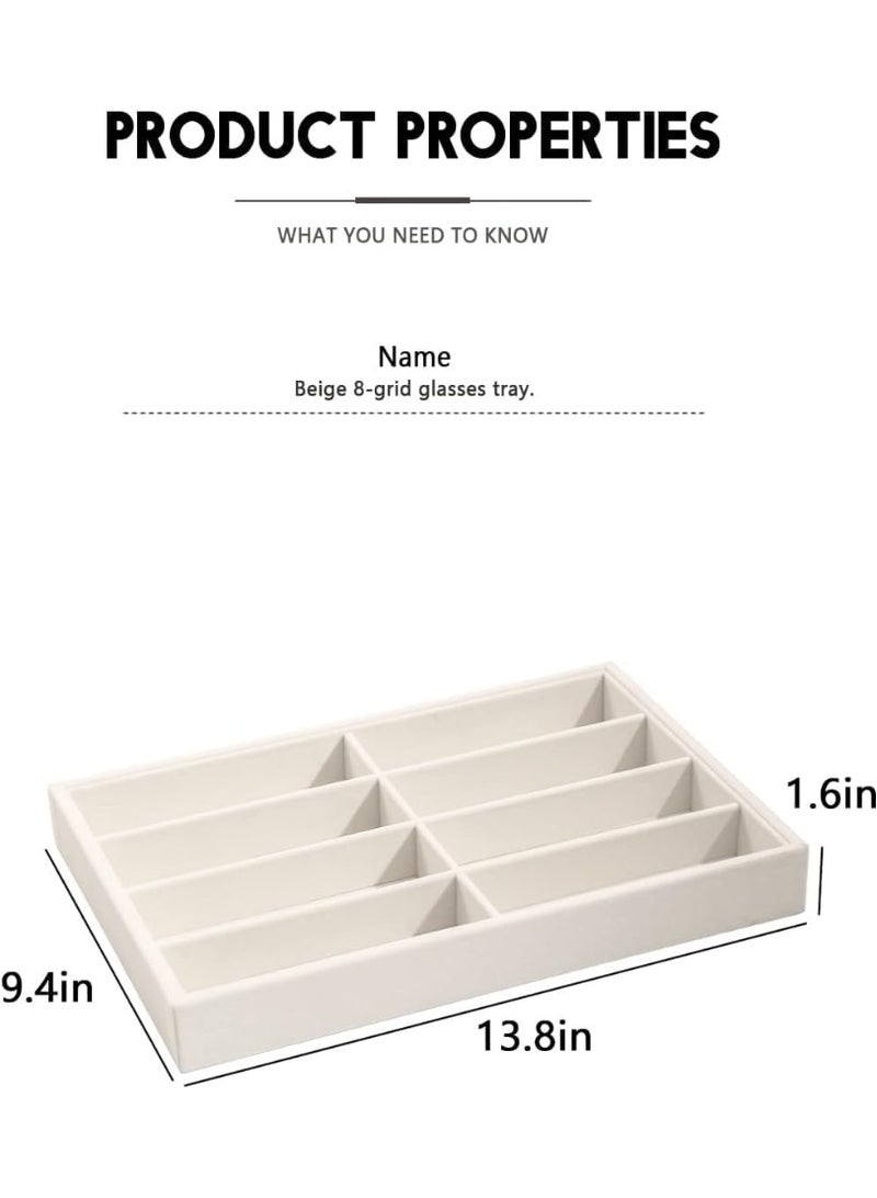 Velvet Glasses Tray, Beige Eyeglasses Watches Jewelry Display Tray Box for Men Women (8 Grids) - Image 2